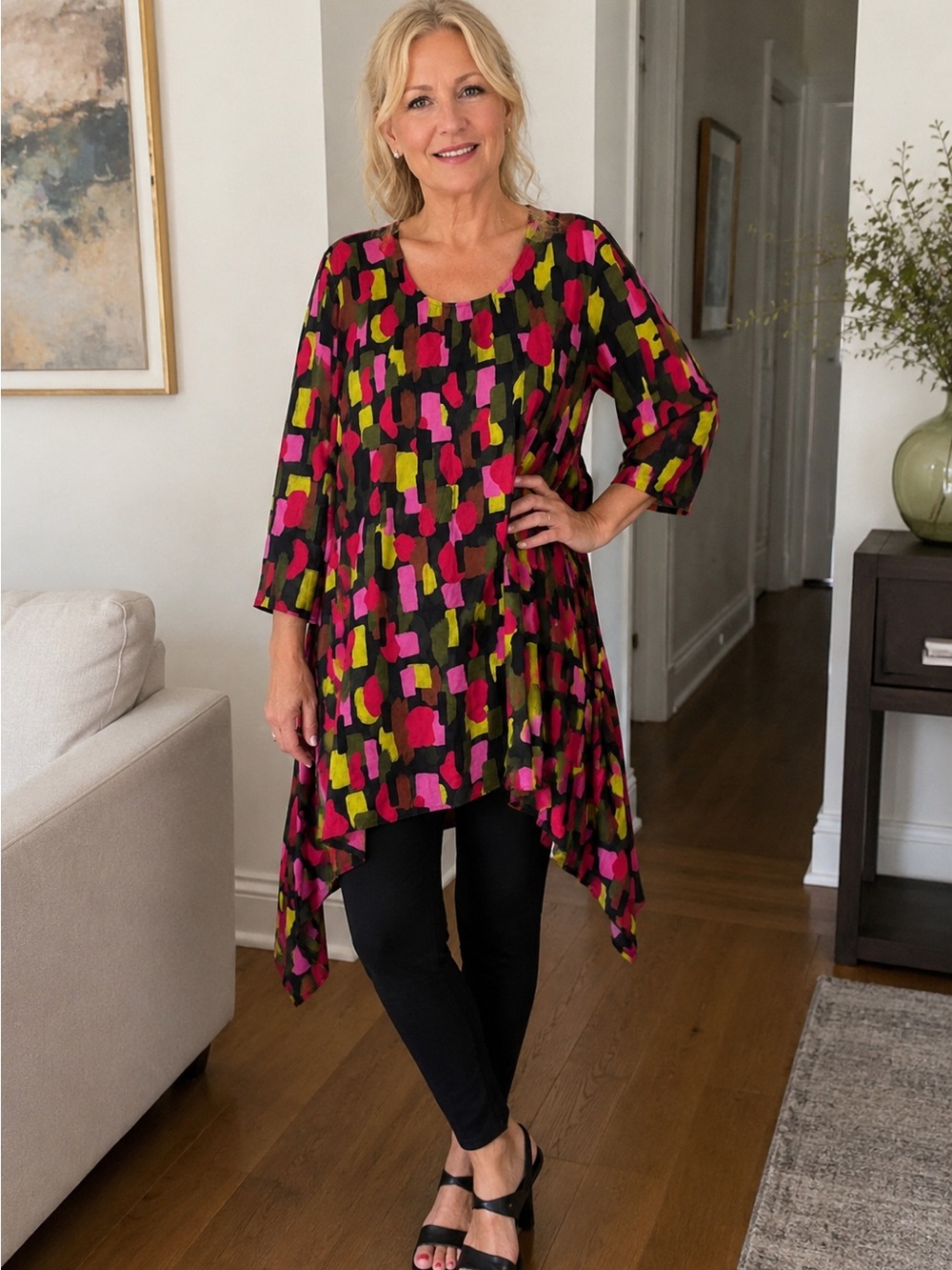 GRIZAS Bamboo Silk Abstract Tunic Dress Top Asymmetrical Hem XXL NWT